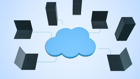 cloud computing. animation presents notebooks transferring data to the cloud. the files are uploading using networking infrastructure with lots of storage space and advanced structure of the database.