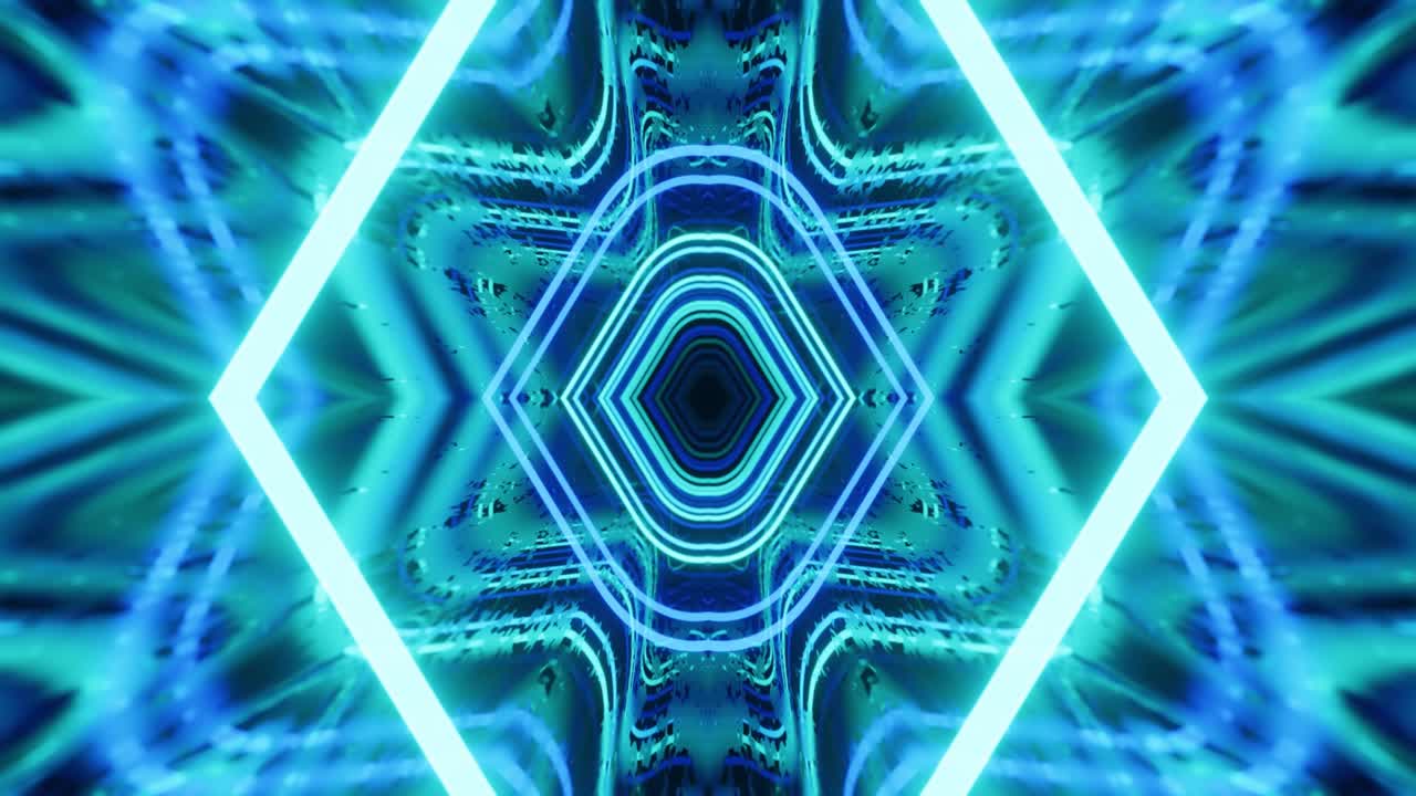 animación en bucle sin costuras de 4k. vuela a través de un túnel simétrico de espejo con patrón de neón, patrón de brillo de ciencia ficción. luz de neón de reflexión brillante. fondo brillante simple, estructura de ciencia ficción