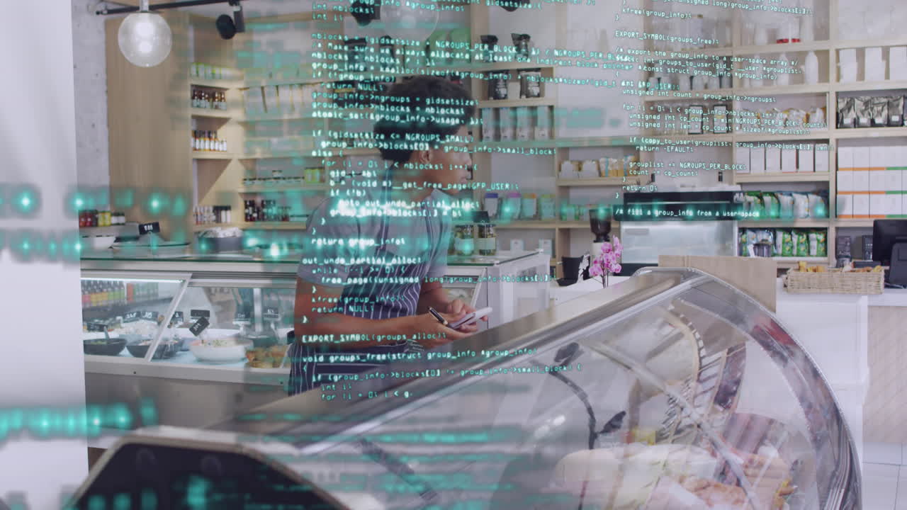 상점에서 일하는 사람 위에 빨간 선으로 금융 데이터 처리의 애니메이션