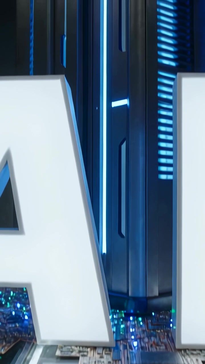 Vertical video: Panning camera revealing 3D logo on gloss floor, blue-LED column and circuit prop