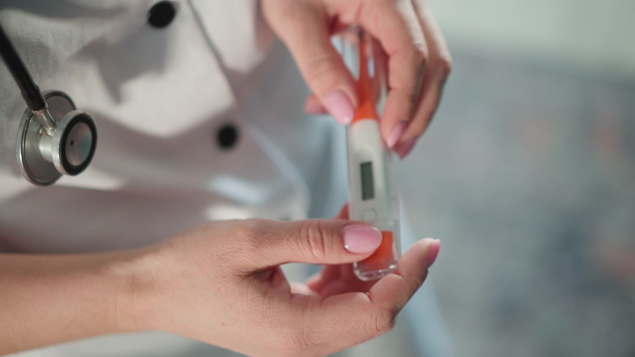 Medico caucasico che mostra la lettura di un glucometro in primo piano, con stetoscopio visibile. Le mani tengono la striscia reattiva e il dispositivo, con il display digitale in evidenza, a dimostrazione di tecnica sterile e precisione diagnostica in clinica