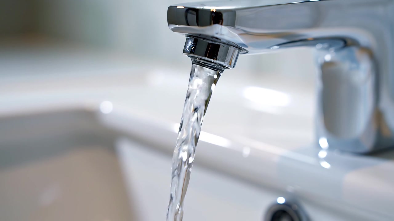 Close-up of clean water flowing from a chrome bathroom faucet