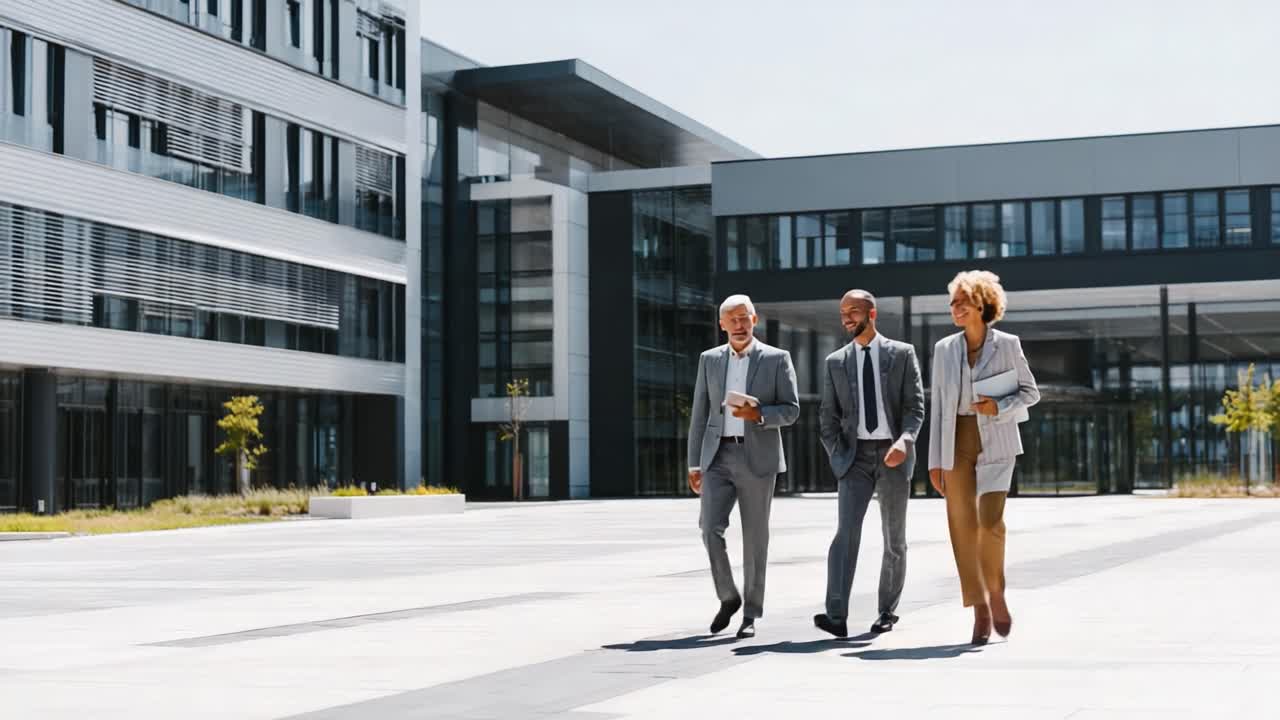 Professionals Engaging in Collaborative Conversation While Walking in Modern Urban Workspace, Showcasing Team Dynamics and Corporate Leadership in Contemporary Architecture