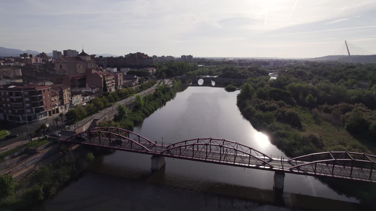 Aerial Flying Over Puente Reina Sof&iacute;a Bridge Crossing The Calm River Tagus