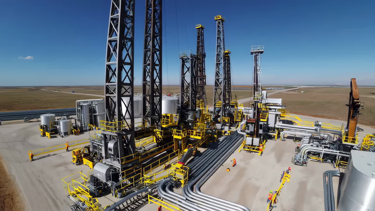 Oil and Gas Drilling Operation with Rigs and Infrastructure