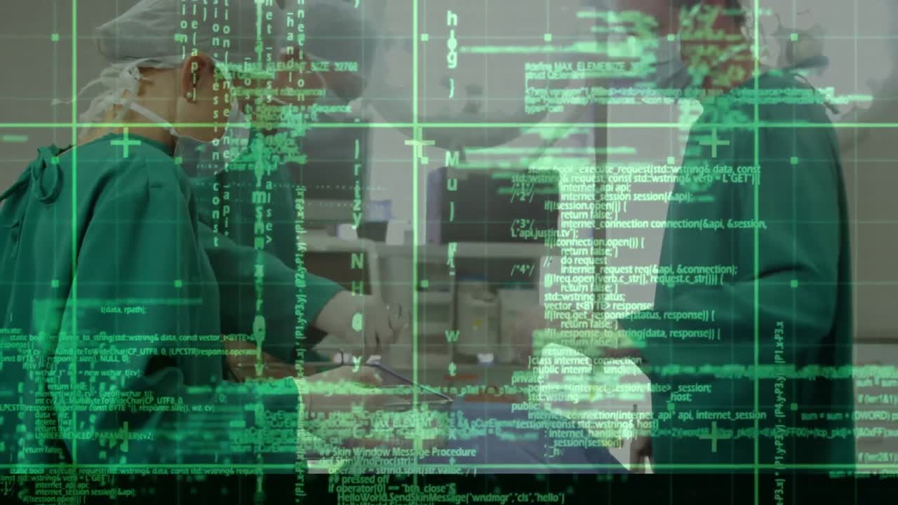 animação do processamento de dados sobre cirurgiões com máscaras faciais na sala de cirurgia e na grade