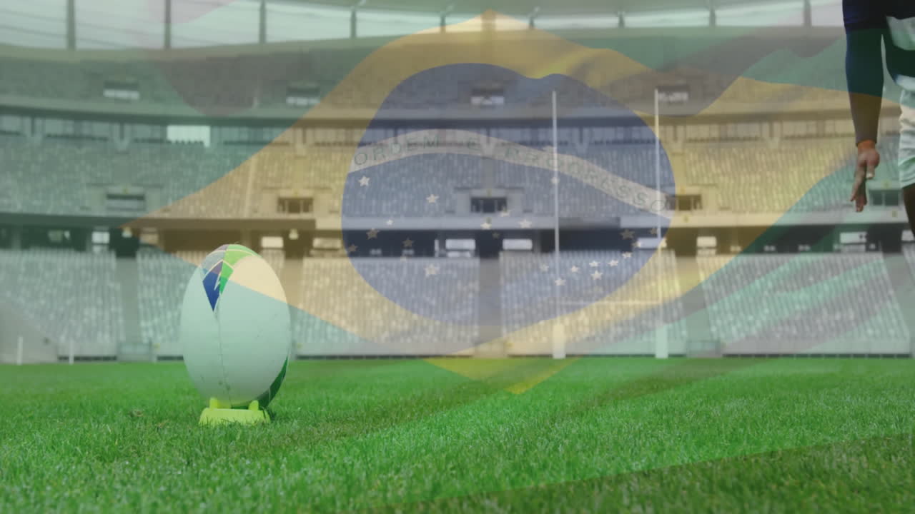 Rugby ball on field with Brazilian flag animation over stadium background