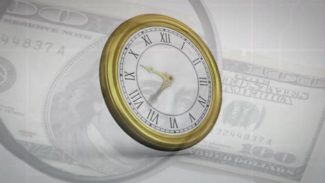 animación del reloj y la lupa sobre el billete de moneda del dólar estadounidense.