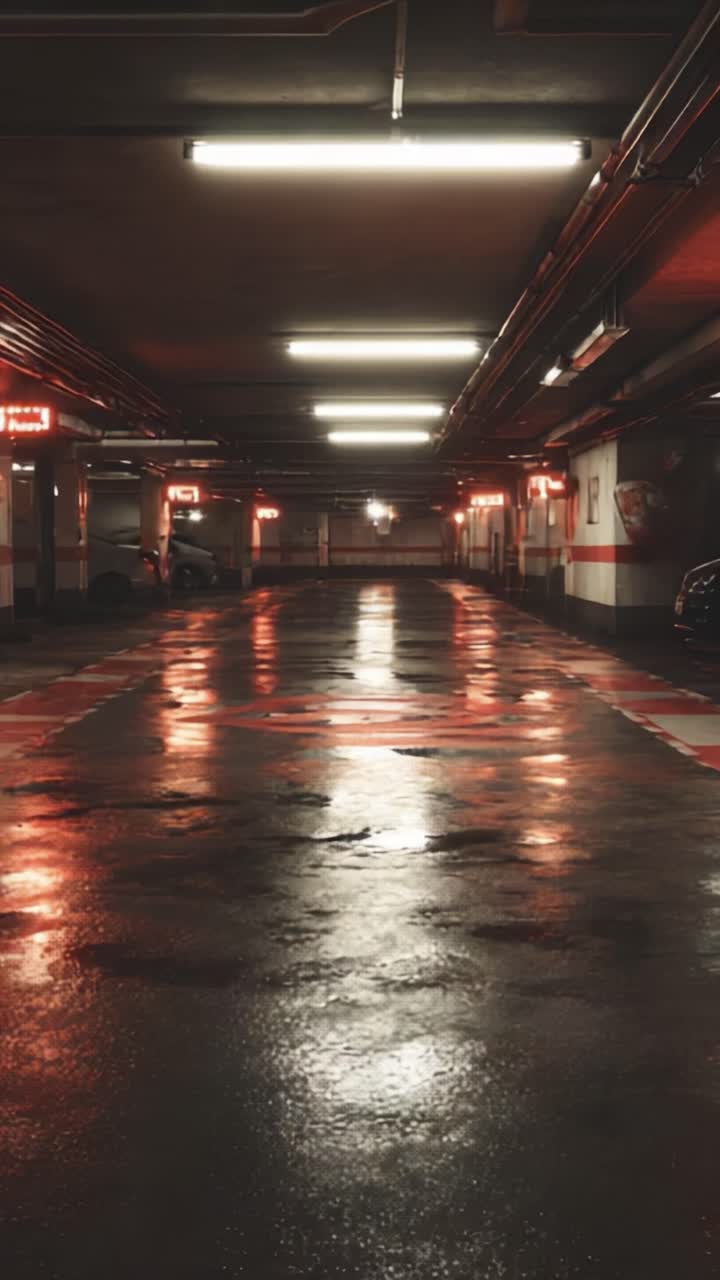 A Serene and Reflective Scene in a Modern Parking Garage, Illuminated by Soft Lights and Glowing Signals, Evoking a Sense of Calm Amid Urban Surroundings