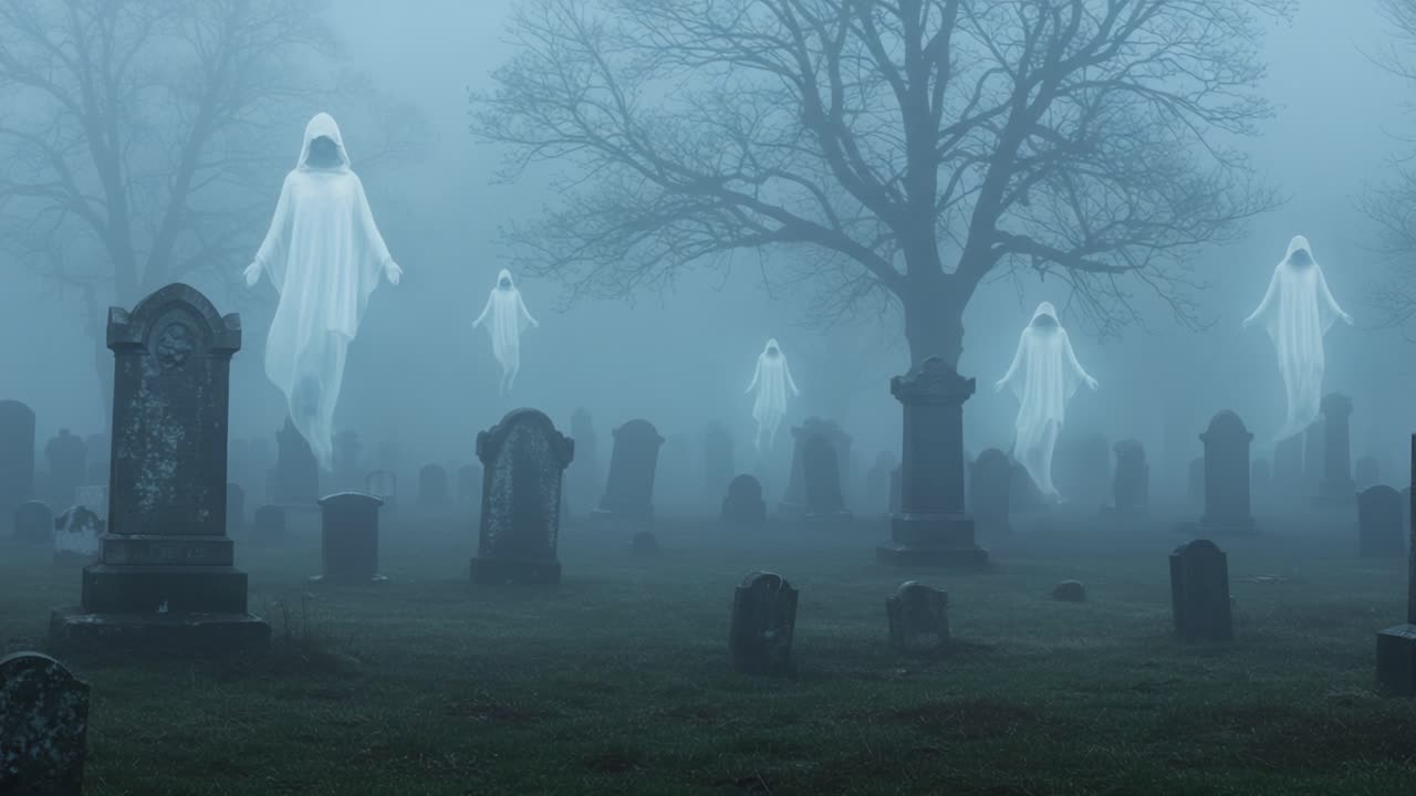 Ethereal Ghosts Haunting a Misty Cemetery at Dusk, Emanating Mystical Energy and Creating an Enigmatic Atmosphere of Supernatural Intrigue and Wonder