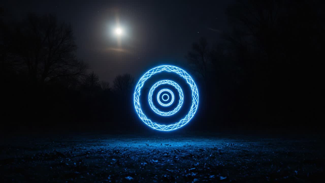 A Mesmerizing Showcase of Illuminated Circular Patterns Under the Night Sky with a Full Moon, Creating an Enchanting Atmosphere of Light and Shadow