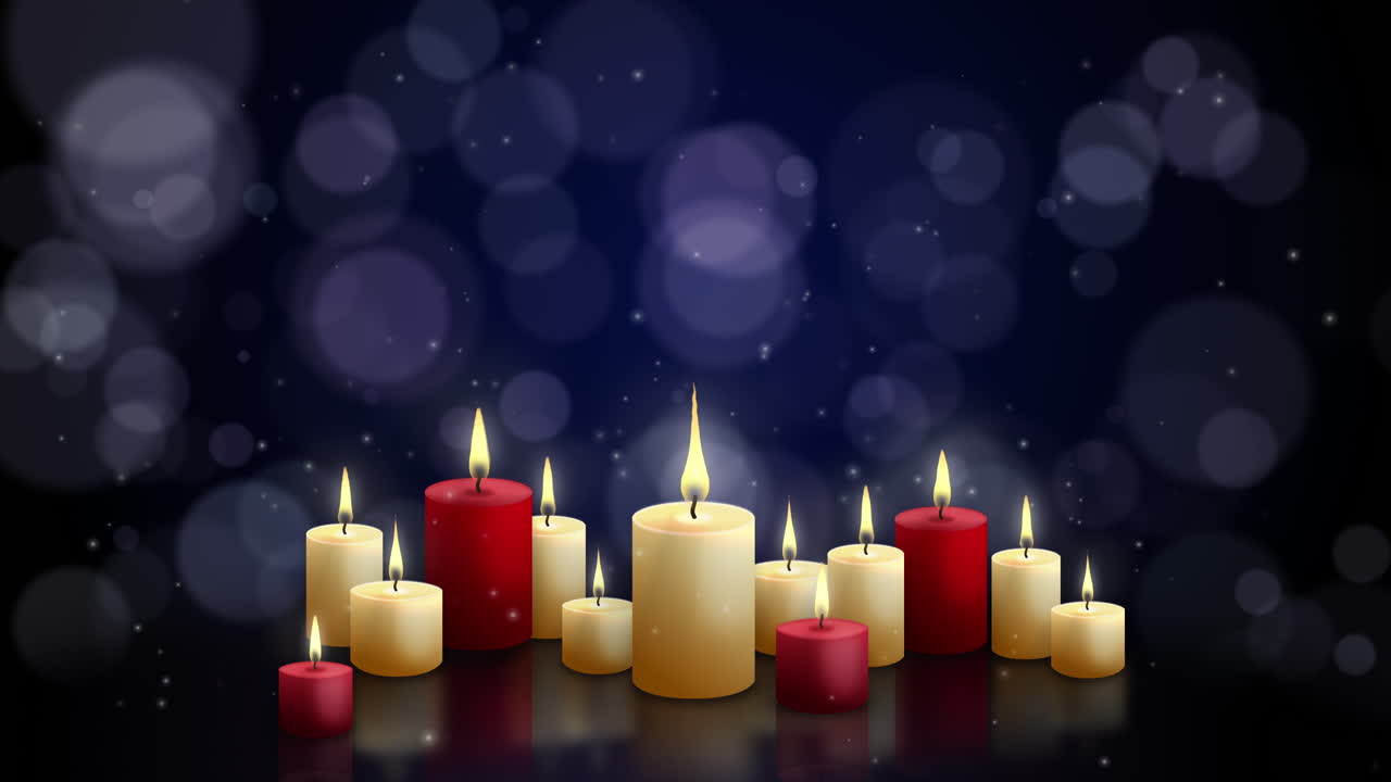 Red and yellow candles with flame on table burning on blue background with blurred round highlights. Looped animation motion.