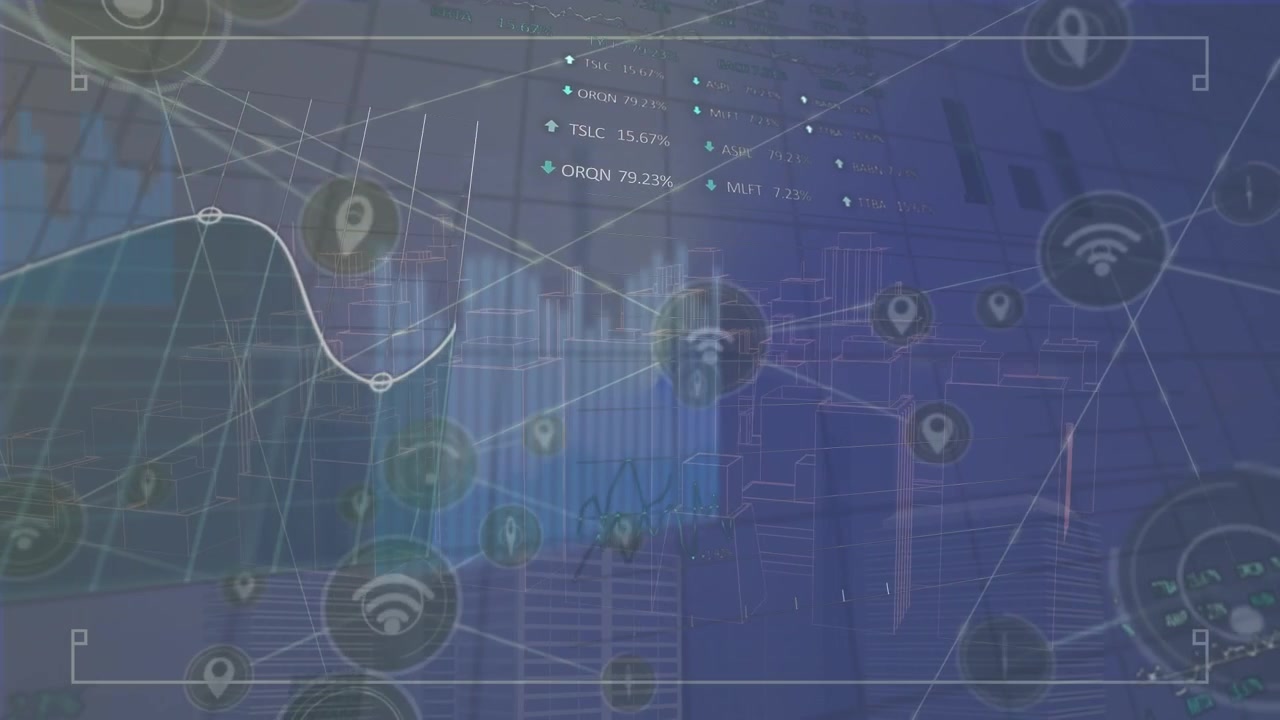 Animation of network of digital icons over data processing against blue background