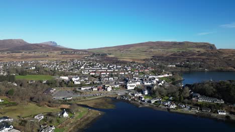 high rise over calm harbour showing portree isle of skye scotland