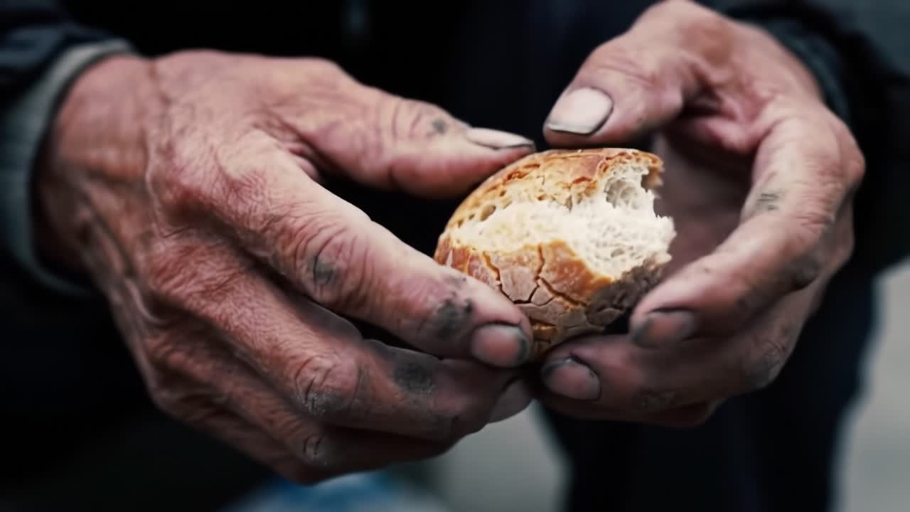 A Close-Up View of Weathered Hands Holding a Piece of Bread, Symbolizing Survival and Resilience in the Face of Adversity