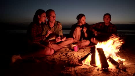 amigos de cuatro personas están en la playa cerca de la hoguera, comiendo salchichas, bebiendo, tocando la guitarra, el horizonte del mar oscuro en el fondo.