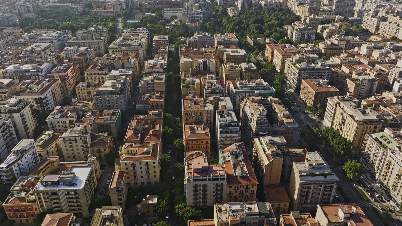Palermo Italy Aerial v13 birds eye view drone flyover Via XX Settembre street capturing cityscape of residential neighborhood and city urban park views at daytime - Shot with Mavic 3 Cine - May 2023