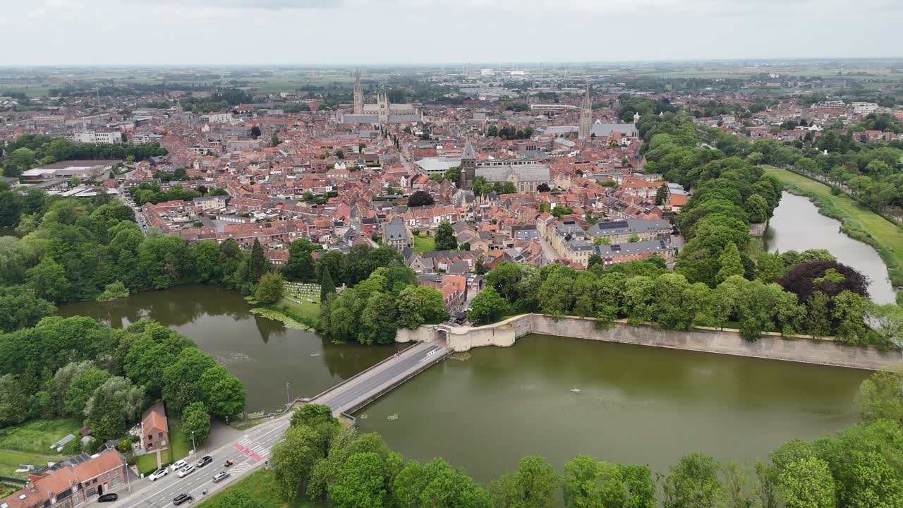 Ypres city Belgium pull back drone aerial reverse reveal