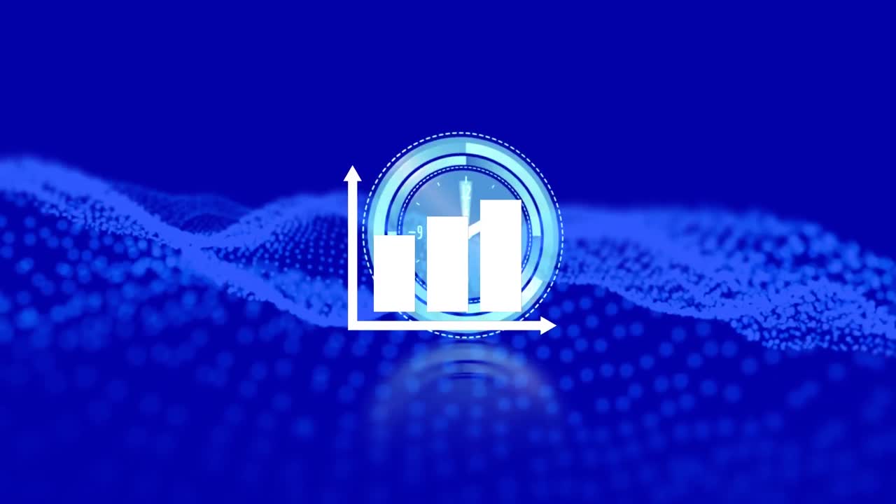 Animation of graph and moving clock over light spots on blue background