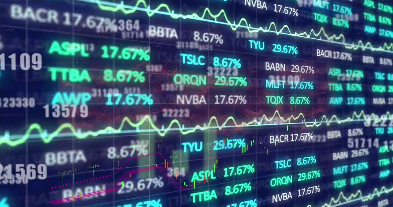 Display digitale di dati del mercato azionario con grafici finanziari fluttuanti