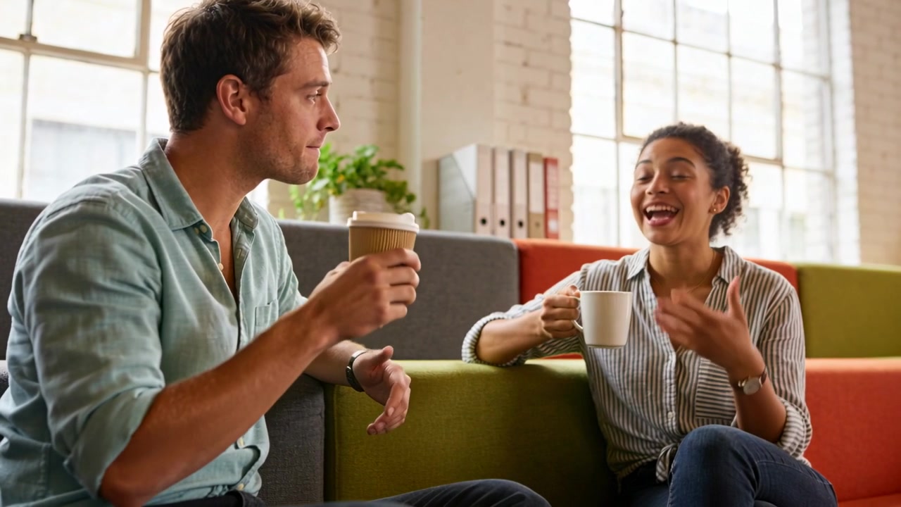 En talende kvinde indleder en samtale i pauserummet, en mand i turkis skjorte lytter, begge holder kaffekopper.