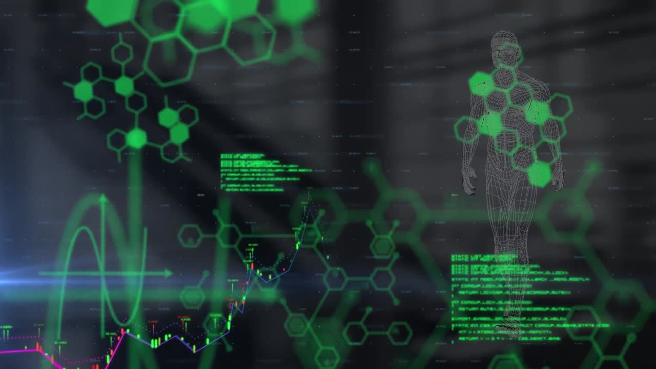 animación del procesamiento de datos y humano digital sobre la sala del servidor