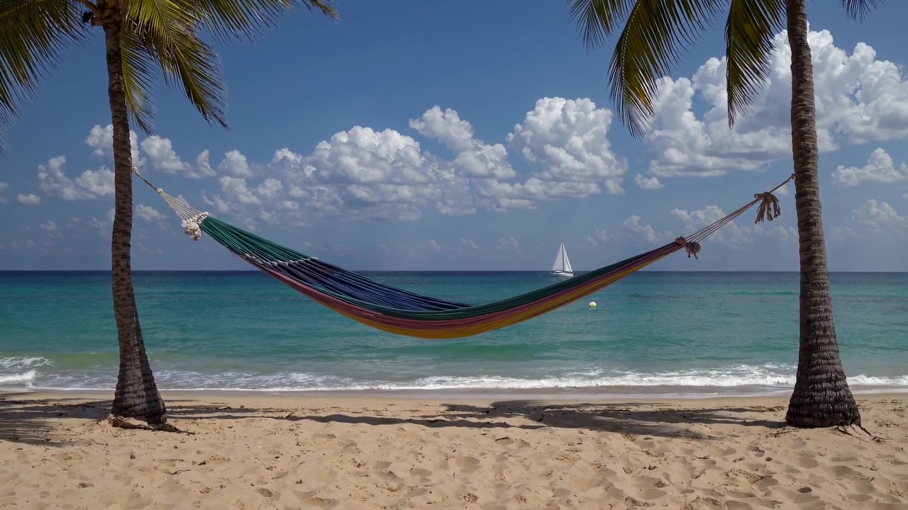 Hamaca colorida colgando entre palmeras en una playa tropical