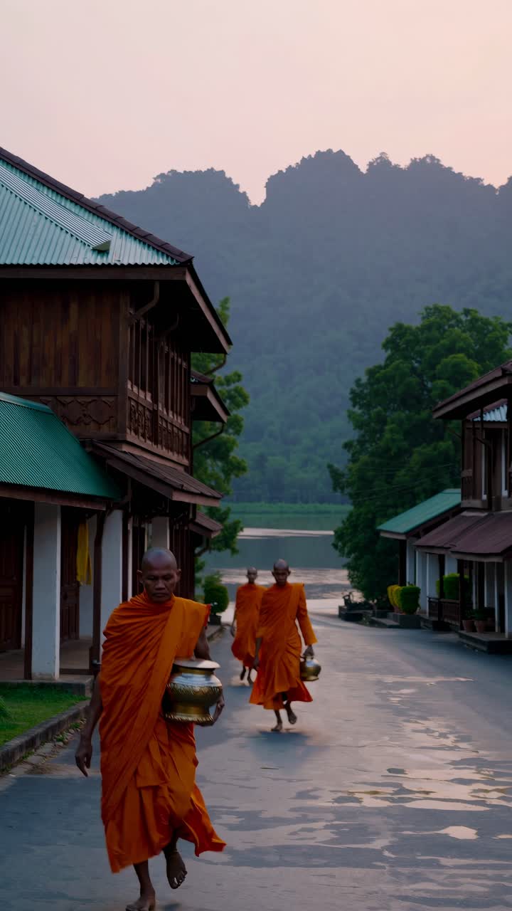 Two monks in orange robes walk down a village street, holding pots. Shot from a low angle, the video