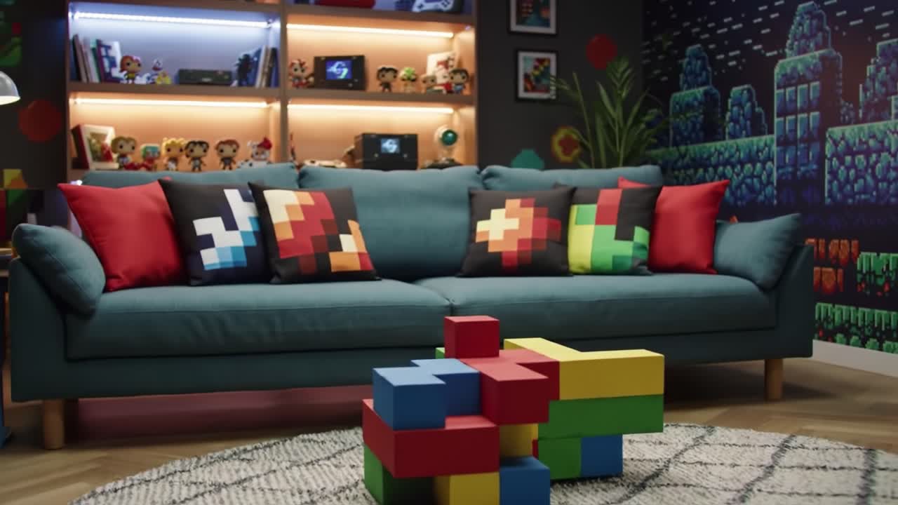 A Cozy Retro-Inspired Living Room Featuring Colorful Pixel Art Cushions and Vibrant Block Toys, Perfect for Gaming and Relaxation Activities