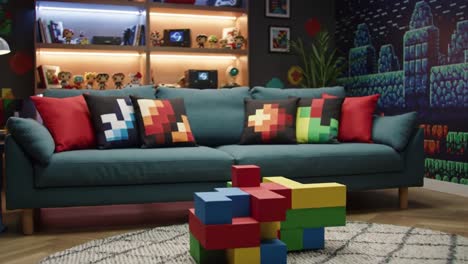 a cozy retro-inspired living room featuring colorful pixel art cushions and vibrant block toys, perfect for gaming and relaxation activities