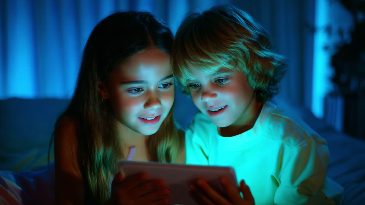Two Children Enjoying a Late-Night Tablet Session Together in a Dimly Lit Room, Capturing Their Engaging Expressions and Shared Joy in a Magical Blue Glow