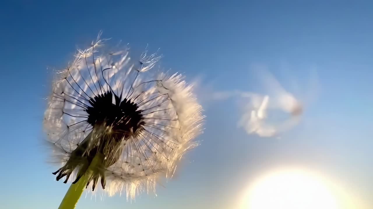 Video ravvicinato di un dente di leone su un cielo terso, ripreso da un angolo basso