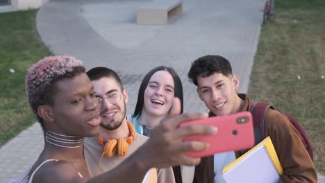 high angle view of a multiethnic group of friends taking a selfie outdoors