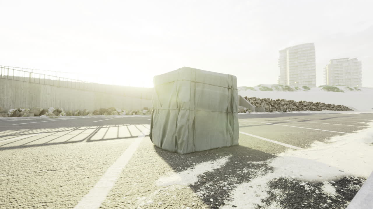 Mysterious wrapped package on a deserted beach during sunset
