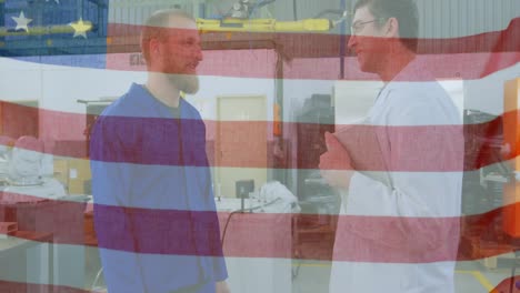 Animation-of-American-flag-waving-over-man-in-the-background