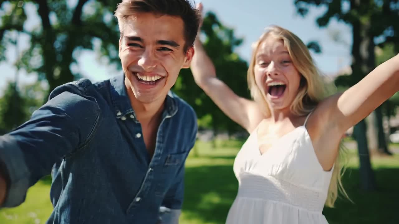 Mężczyzna i kobieta robiący sobie selfie, wyciągając telefon, śmieją się i machają w parku, ubrani w dżinsową koszulę i białą sukienkę.
