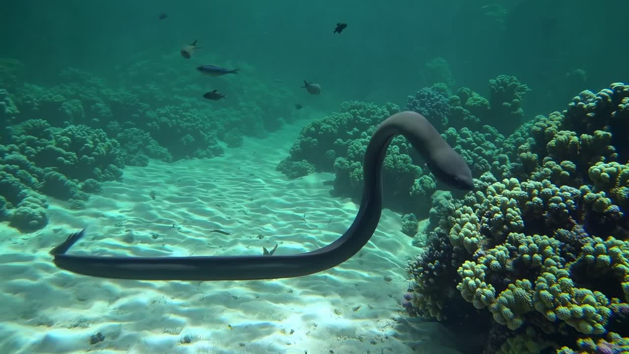 Filmagem de vídeo subaquática em ângulo baixo, capturando uma cobra nadando graciosamente sobre um coral vibrante.