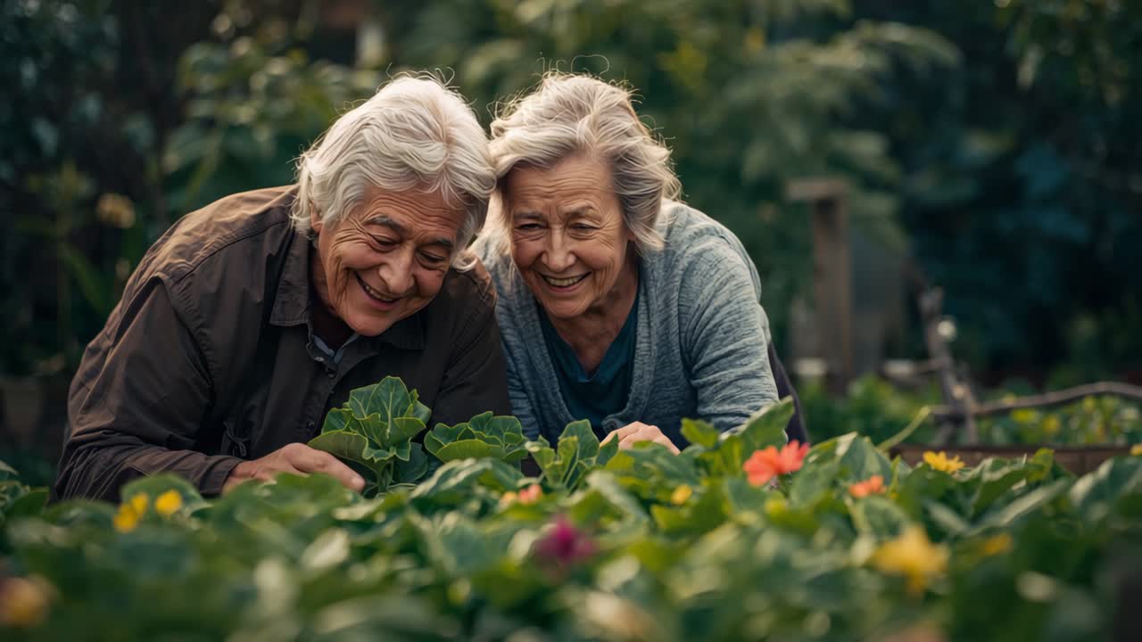 After kneeling seniors inspecting blooms and examining leaf in raised bed backyard garden, laughing