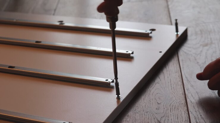 Close Up Young Hand Drives A Screw In Flat Shelf Part, Starts Assembling