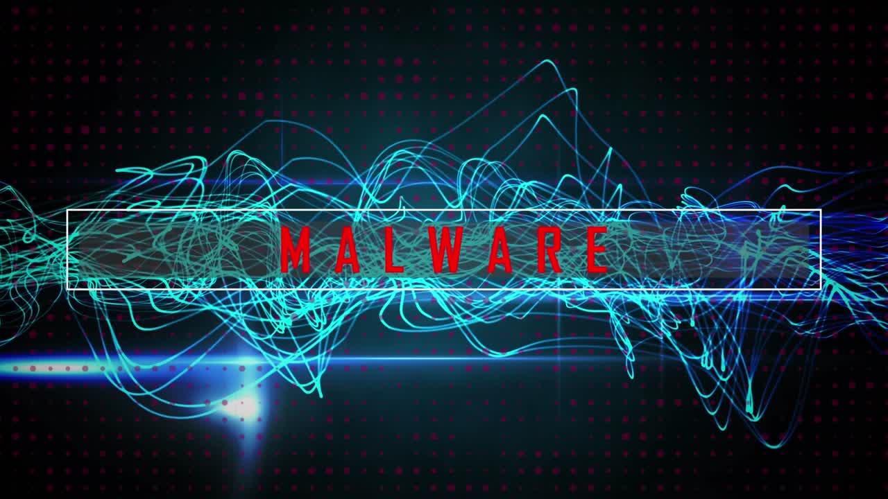 Animation af netværk af forbindelser og digital grænseflade og malware-tekst over mørk baggrund