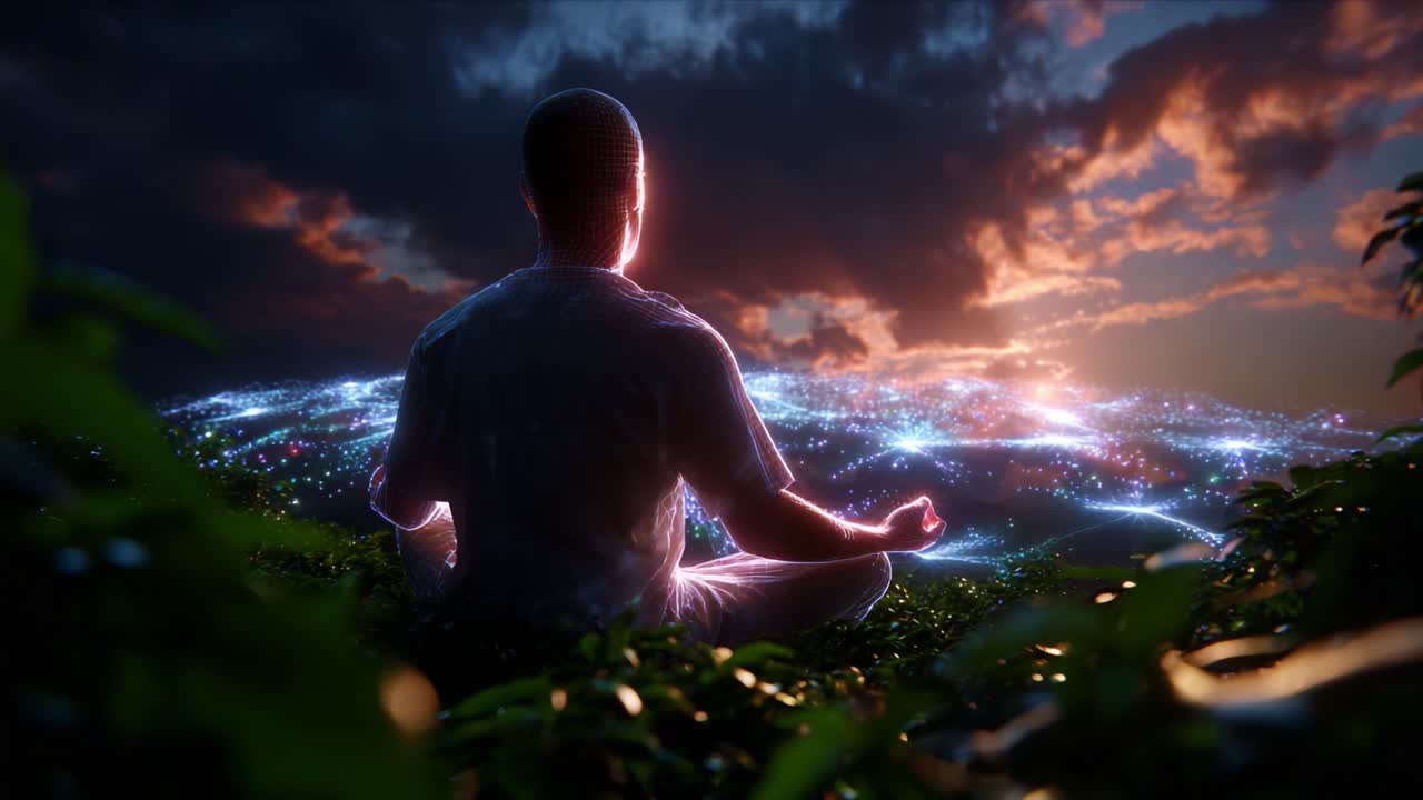 A Tranquil Moment of Contemplation Amidst a Vibrant and Futuristic Landscape at Dusk, Illuminated by a Network of Colorful Lights, Evoking a Sense of Peace and Connection to the Universe