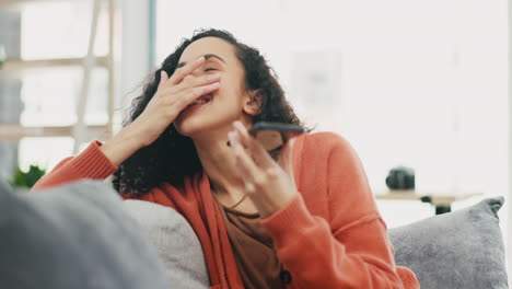 Phone-call,-relax-and-woman-on-a-sofa