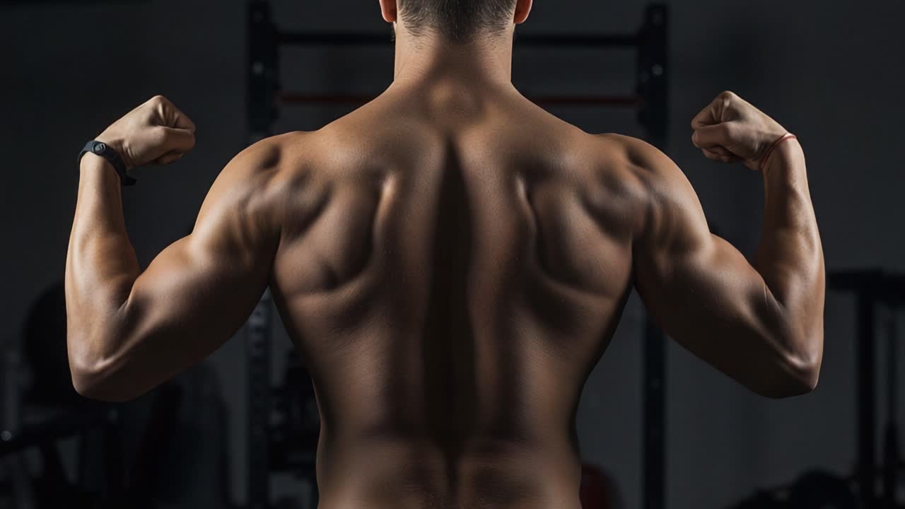 A strong individual showcasing powerful back muscles, emphasizing dedication and strength through a fully muscular physique in a dimly lit gym environment