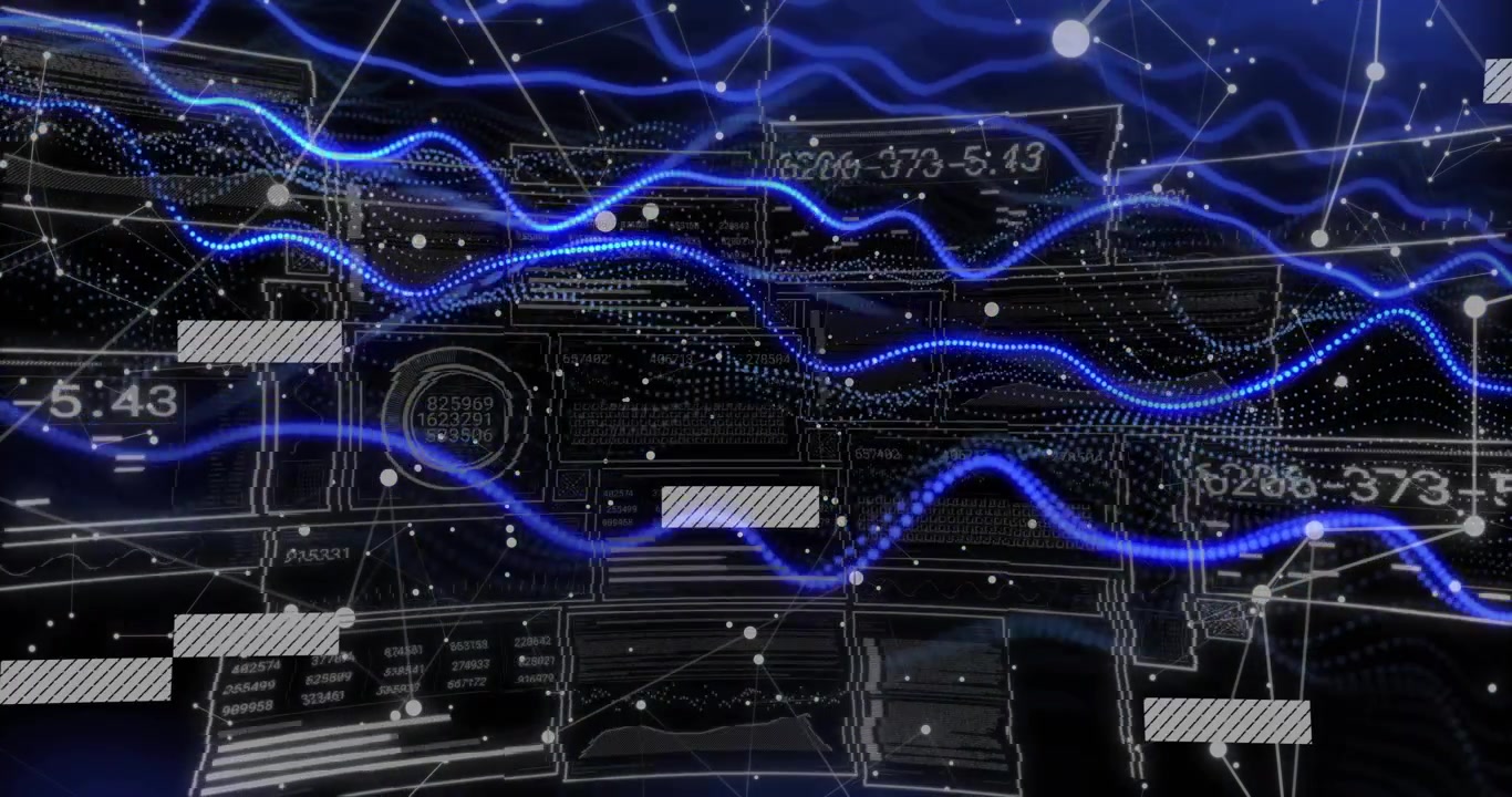 On startup bright blue waveform emerging pulsing undulating over circuit grid visualizing data flow