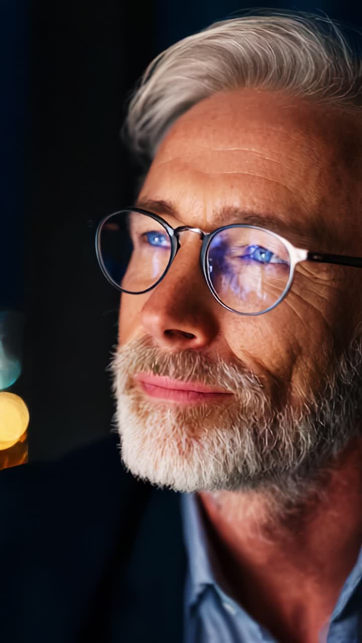 Primo piano di un uomo maturo con occhiali e capelli grigi, che mostra introspezione su uno sfondo leggermente illuminato con splendidi effetti bokeh