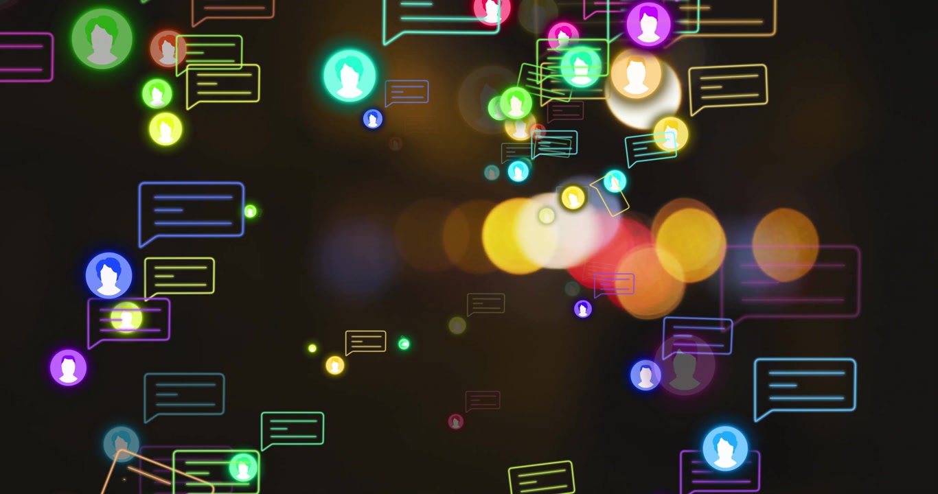 Chat bubbles, avatars drifting from edges then pulsing rotating fading visualizing message network
