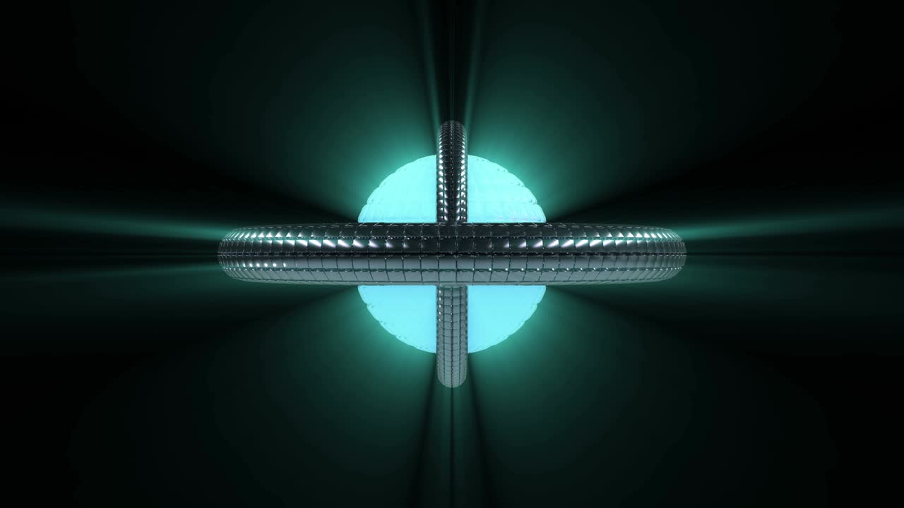 giro de una bola geométrica futurista construida a partir de cuadrados. órbitas que se mueven alrededor de la esfera de neón. patrón sin costuras.