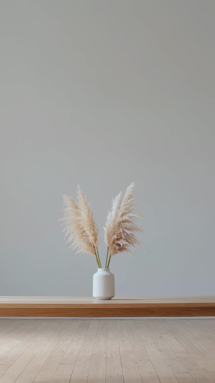 Vertical video: Pulling back camera showing white vase, three pampas stems on bench revealing scene