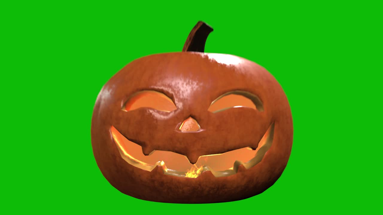 3D animation of a glowing jack-o'-lantern pumpkin 04 with candlelight inside, spinning, scaling up and down on a green screen. Perfect for Halloween intros, spooky videos, and holiday promos