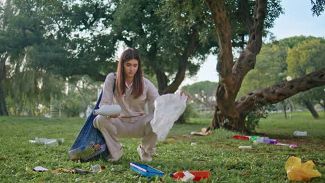 activist cleaning green lawn picking up plastic trash. woman collecting litter